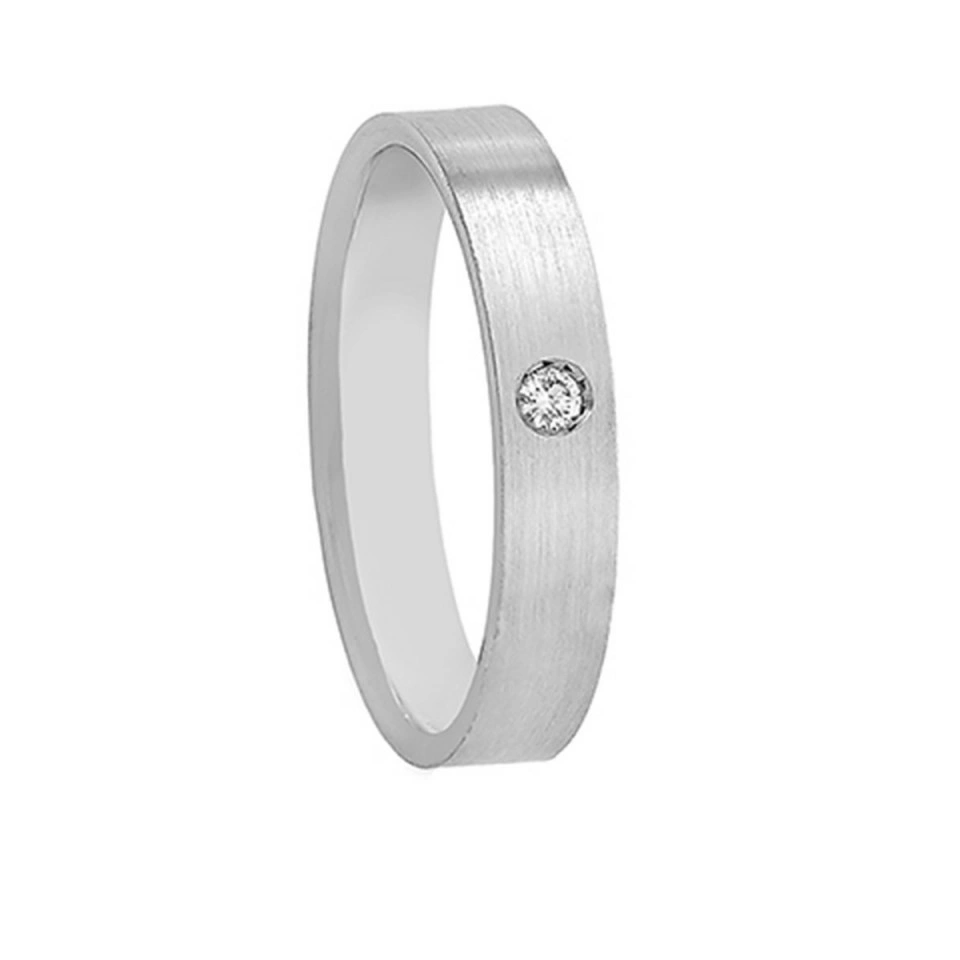 Alianza Boda Clásica Plana Oro Blanco 18k Satinada con Diamante 4mm