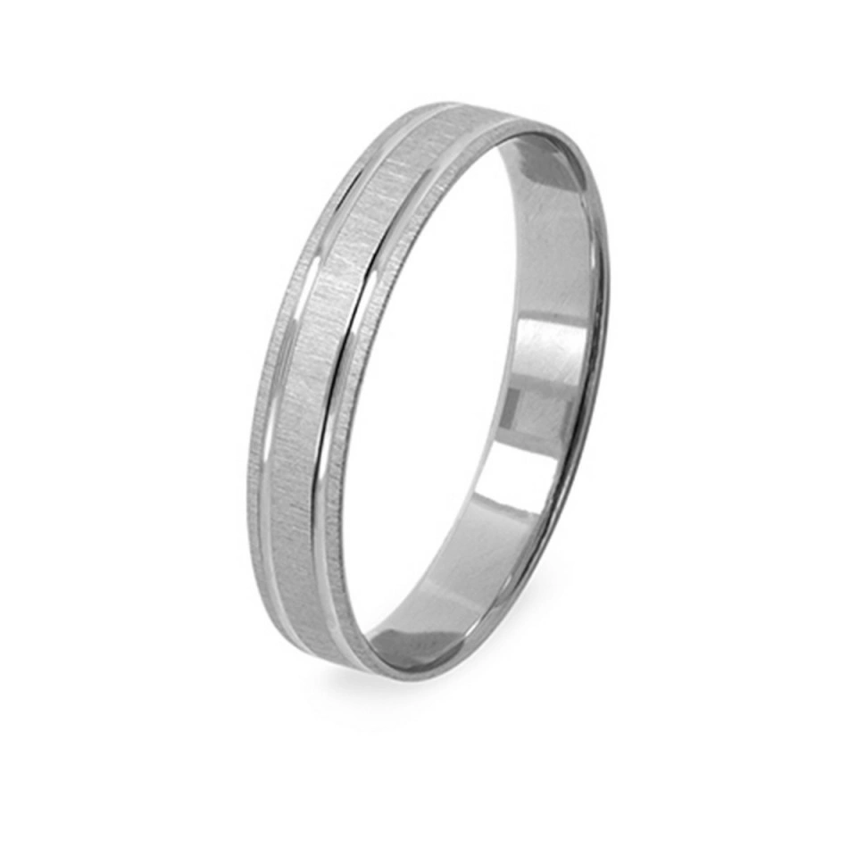 Alianza Boda Plana Oro Blanco 18k Diseño con Líneas 3.5mm