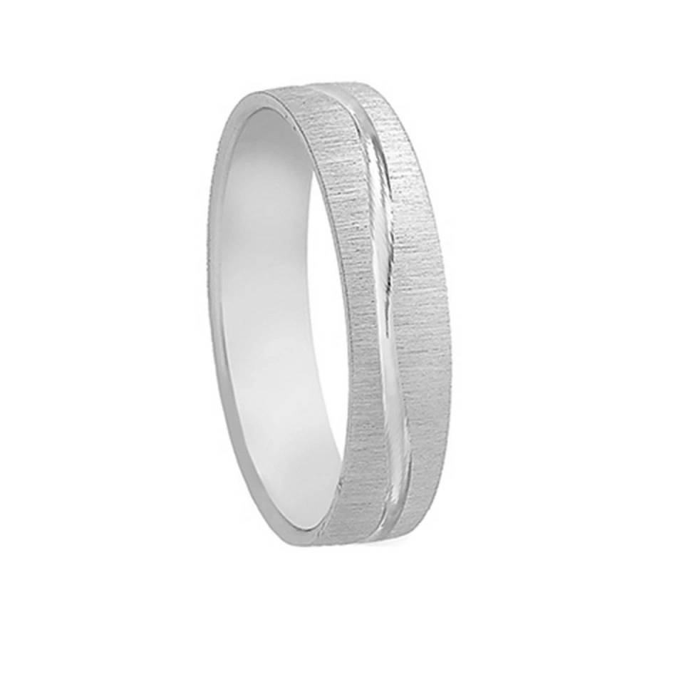 Alianza Boda Plana Oro Blanco 18k Diseño con Líneas 4.5mm