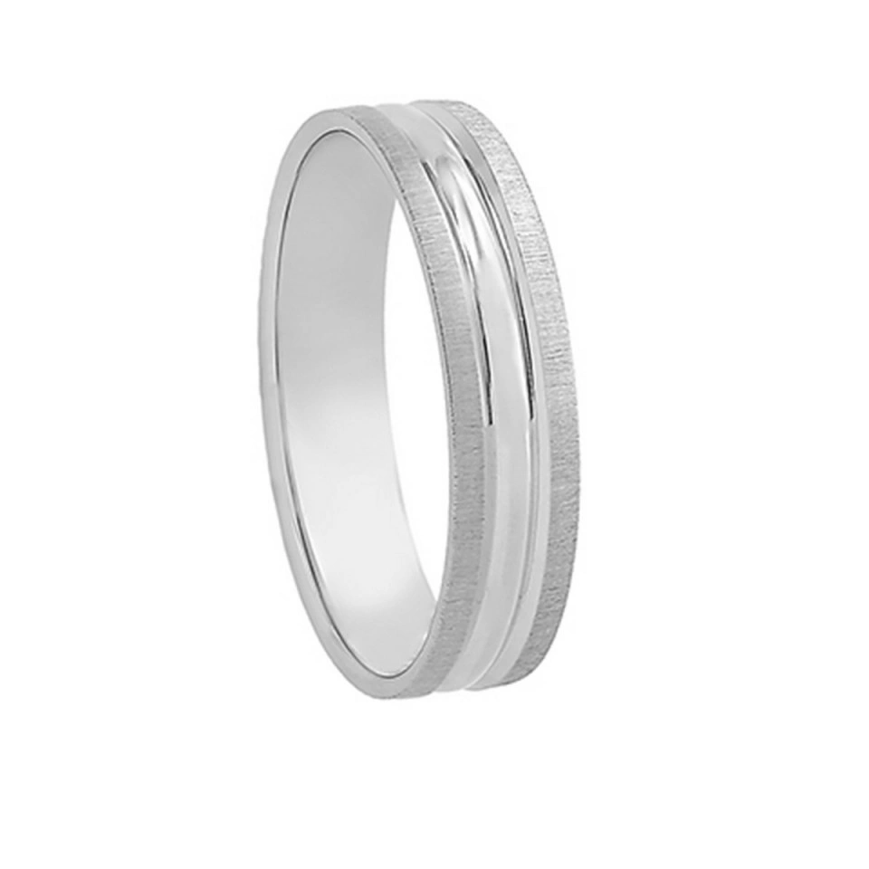 Alianza Boda Plana Oro Blanco 18k Diseño con Líneas 4.5mm