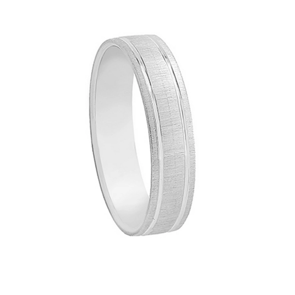 Alianza Boda Plana Oro Blanco 18k Diseño con Líneas 4.5mm