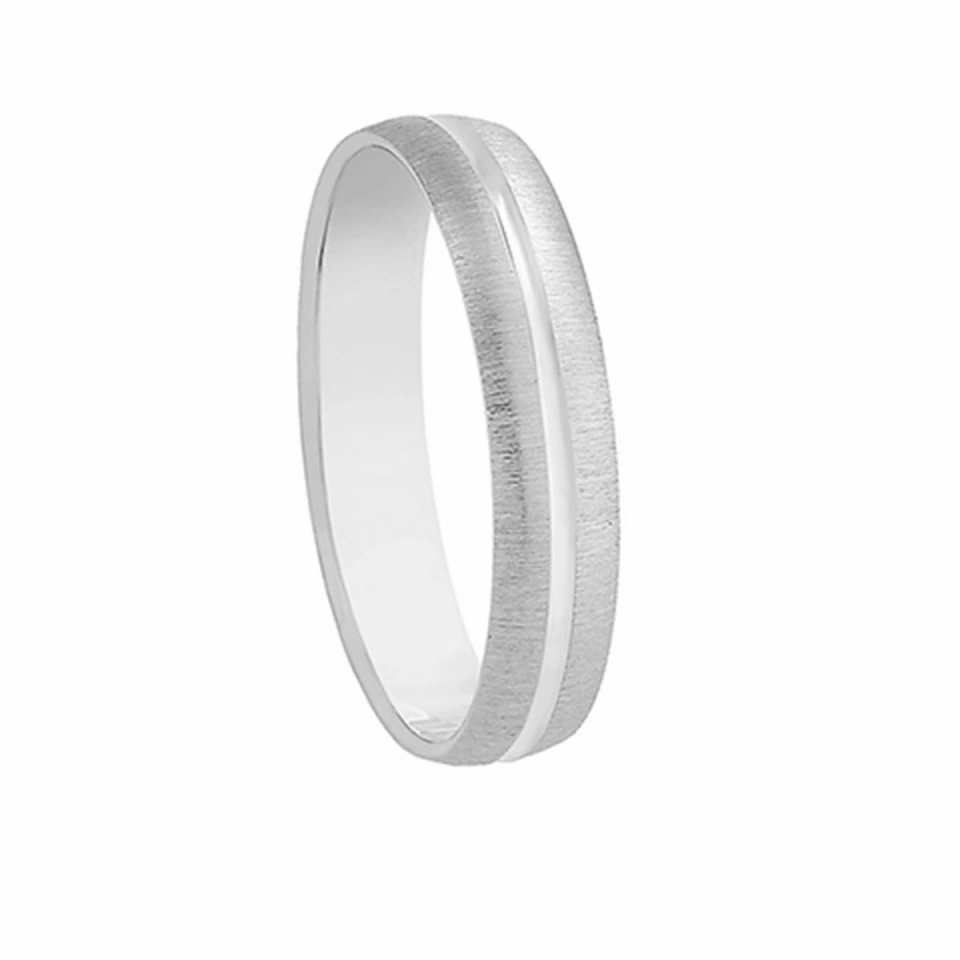 Alianza Boda Plana Oro Blanco 18k Diseño con Líneas 4mm