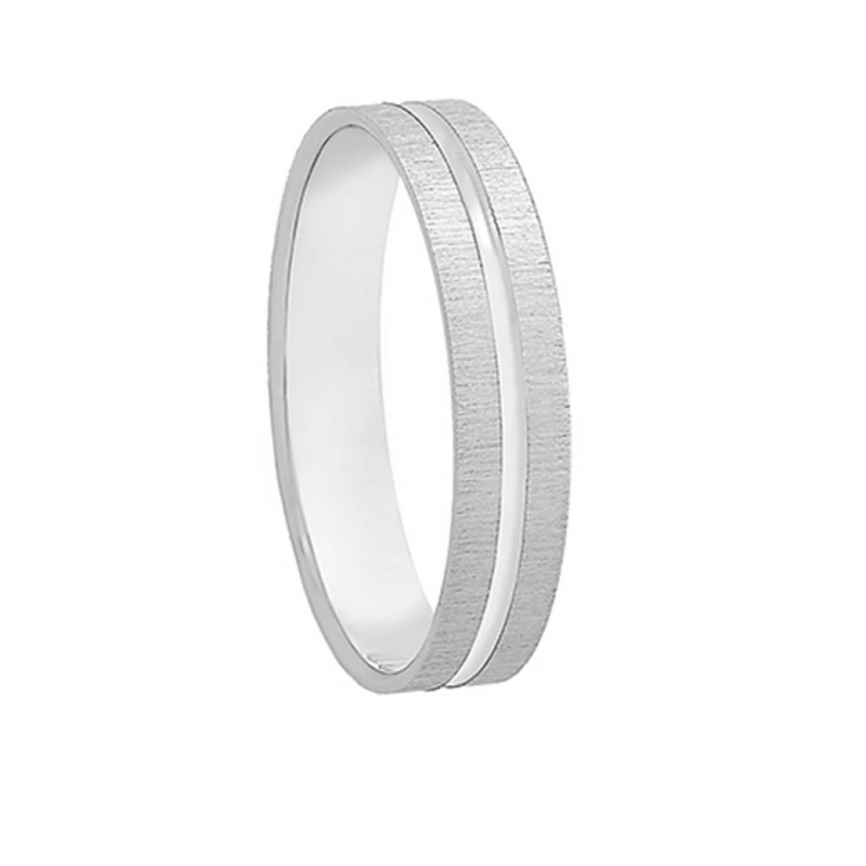 Alianza Boda Plana Oro Blanco 18k Diseño con Líneas 4mm