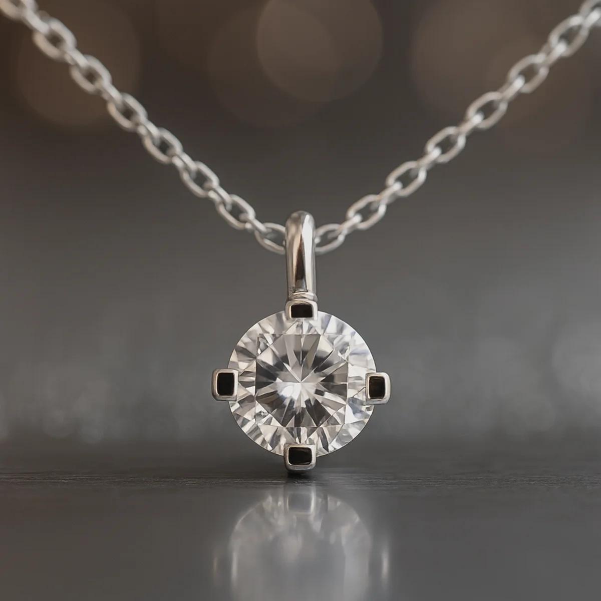 Primer plano de colgante solitario de diamante 0.50 ct en oro blanco, acabado pulido.
